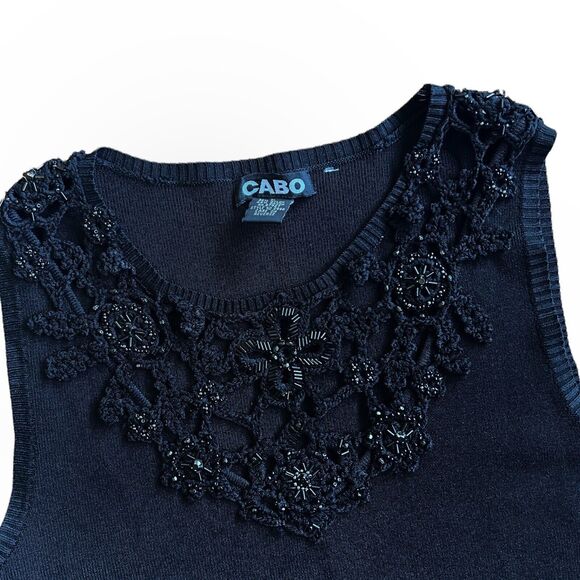 Vintage 90s Black Knit Detail Sweater Tank Top CABO Large - Picture 5 of 6